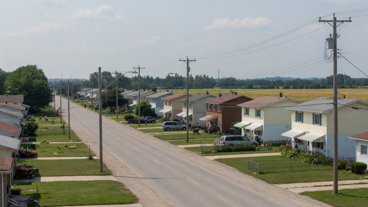 Residential street and open sky in Angus, Ontario near Base Borden