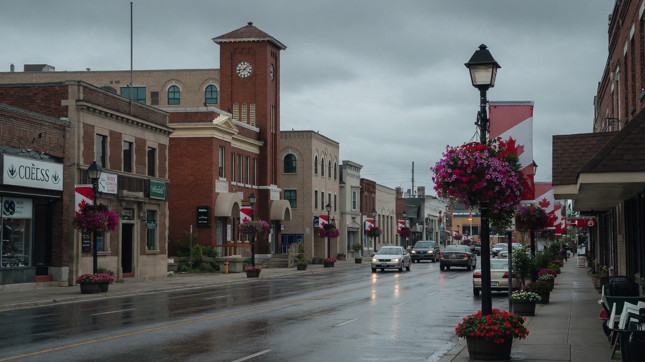 Downtown Aurora, Ontario main street with red-brick clock tower and hanging flower baskets