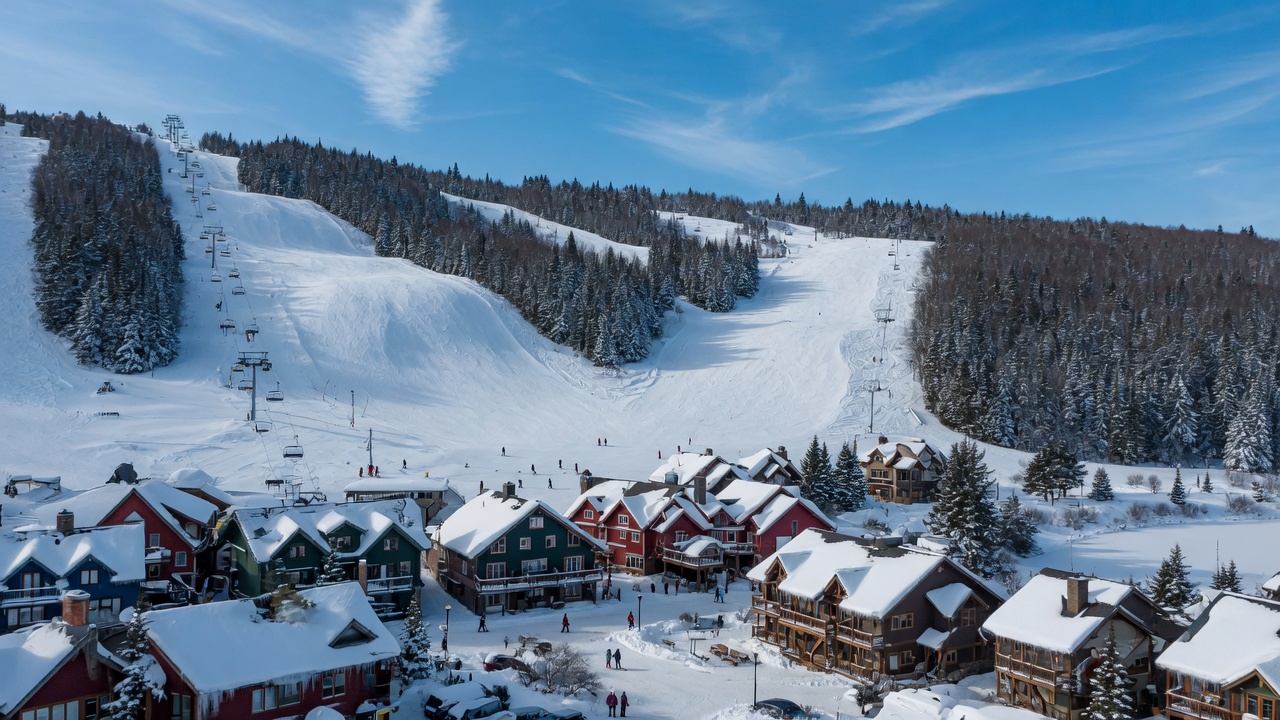 Snowy ski slopes and village at Blue Mountain, Ontario