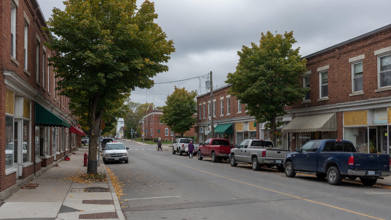 Small-town main street storefronts in Elmvale, Ontario