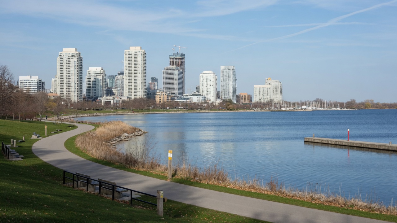 Humber Bay and Lake Ontario shoreline in Etobicoke on a clear day