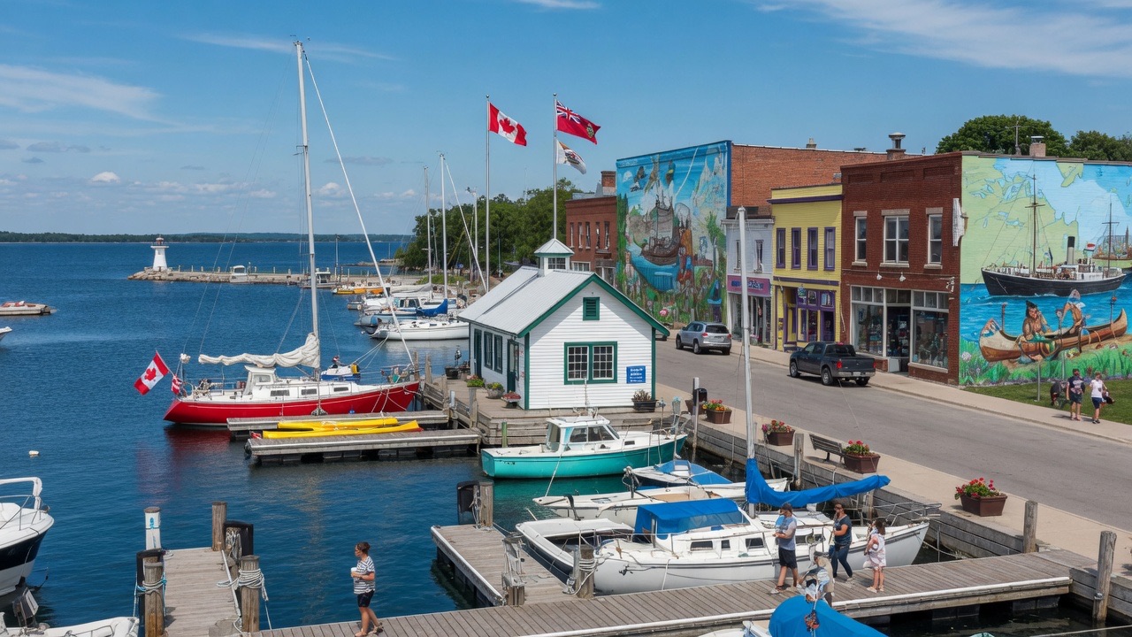Sailboats and docks at Midland harbour on Georgian Bay
