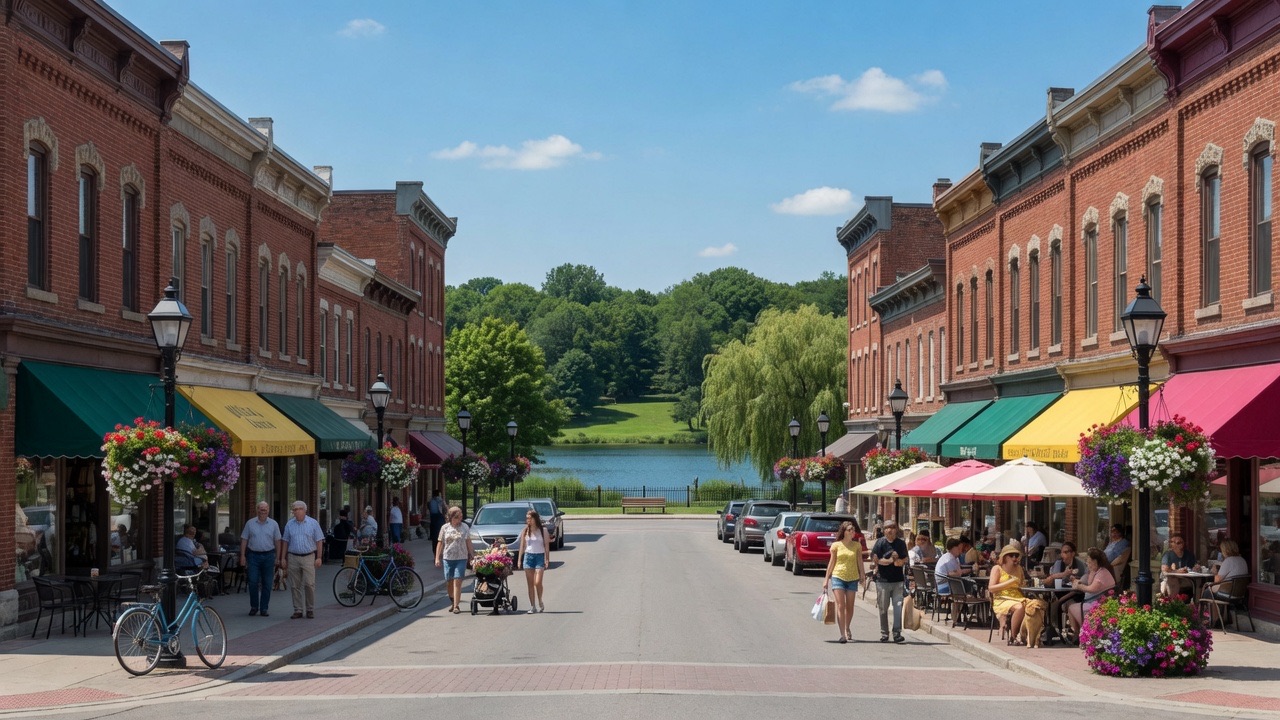 Historic Main Street Newmarket, Ontario with heritage shops near Fairy Lake