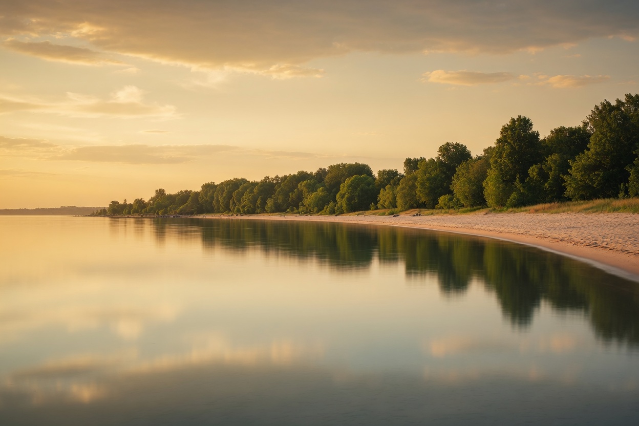 Calm Ontario lake landscape at soft golden hour