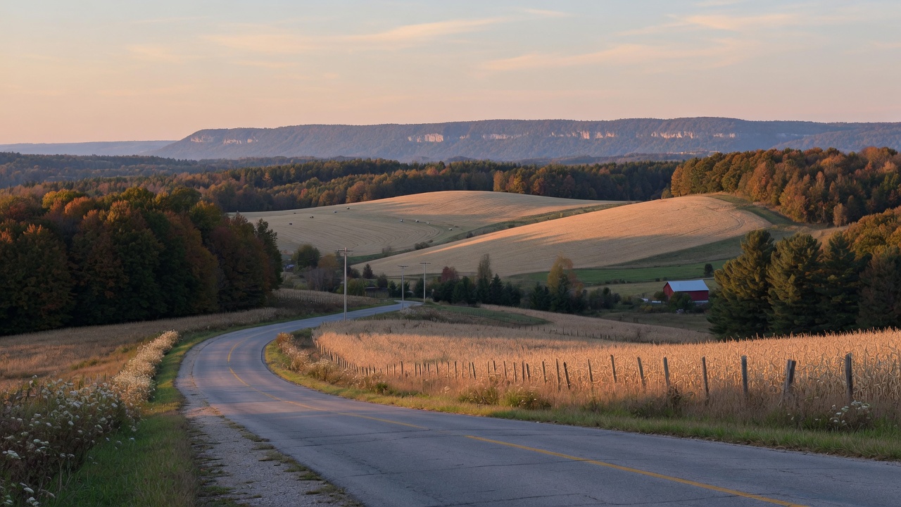 Rolling rural hills and a country road in Oro-Medonte Township