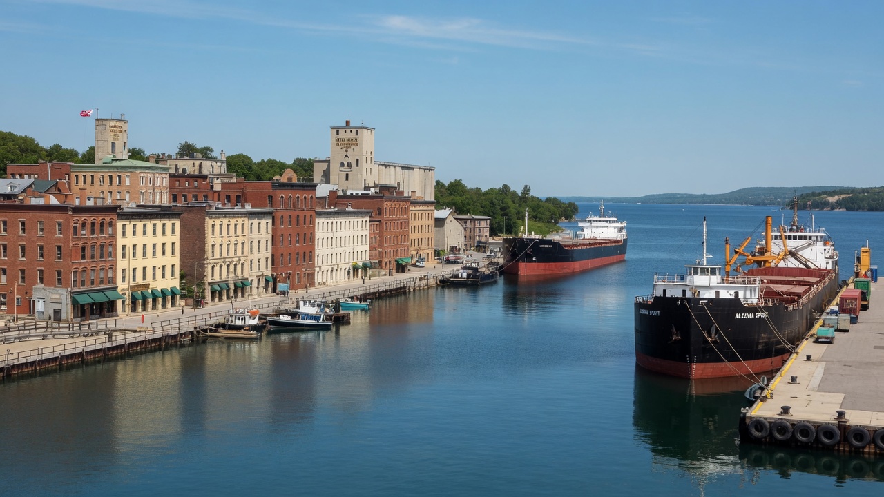 Owen Sound harbour and waterfront under a clear sky
