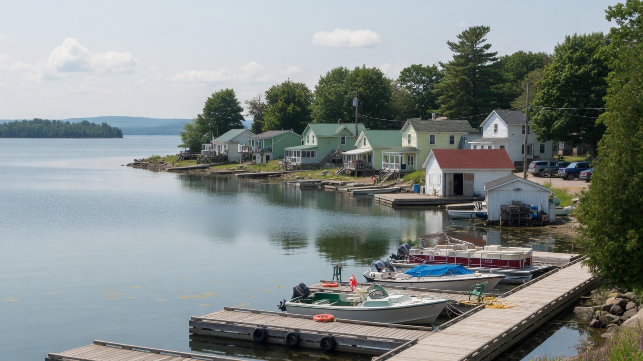 Penetanguishene harbour on Georgian Bay with docks and small-town shoreline