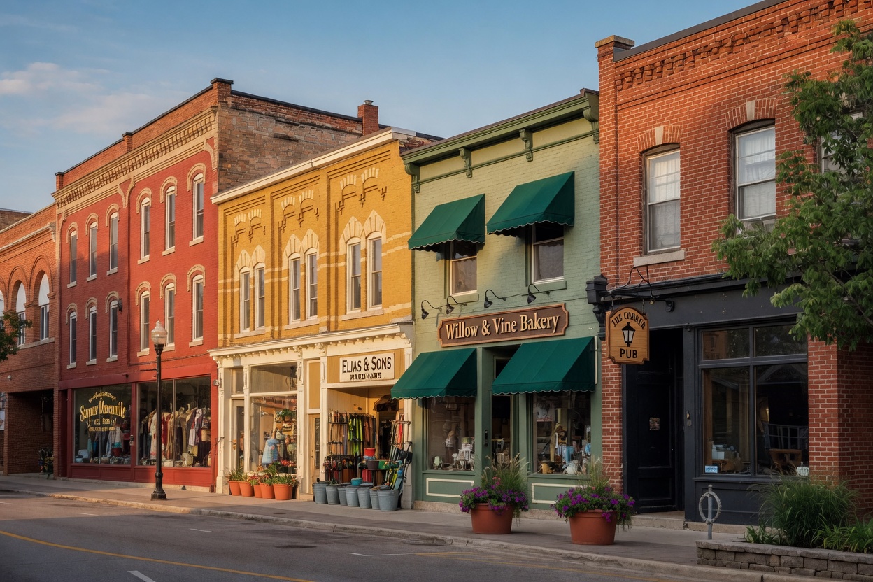Colorful small-town main street storefronts in Stayner, Ontario
