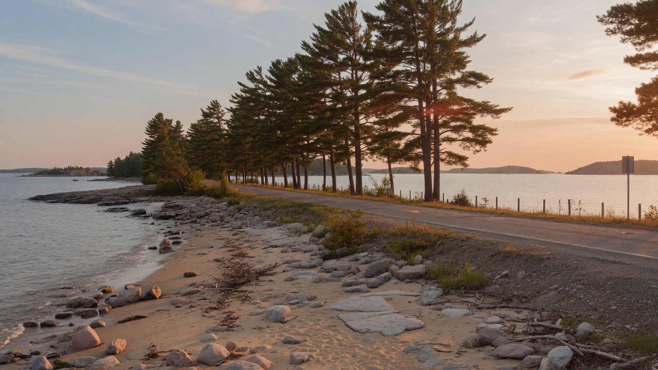 Georgian Bay shoreline and cottage country road in Tiny Township
